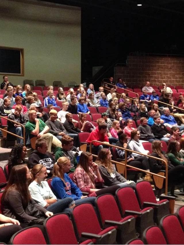 Students of schools in the Three Rivers Conference listen at the Why We Play conference in Eyota, MN