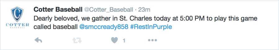 The Cotter Baseball twitter account pays tribute to Prince prior to their game at St. Charles