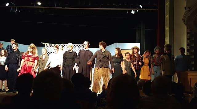 The cast of The Secret of Sammy's Swamp acknowledges the booth at the conclusion of the show