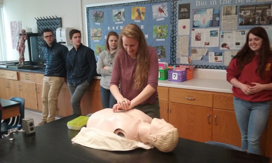 Jane Koll practicing CPR