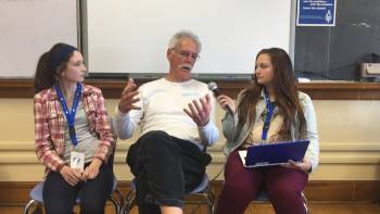 Annie Galke and Mikaela Mohr in a practice interview with John Boettner