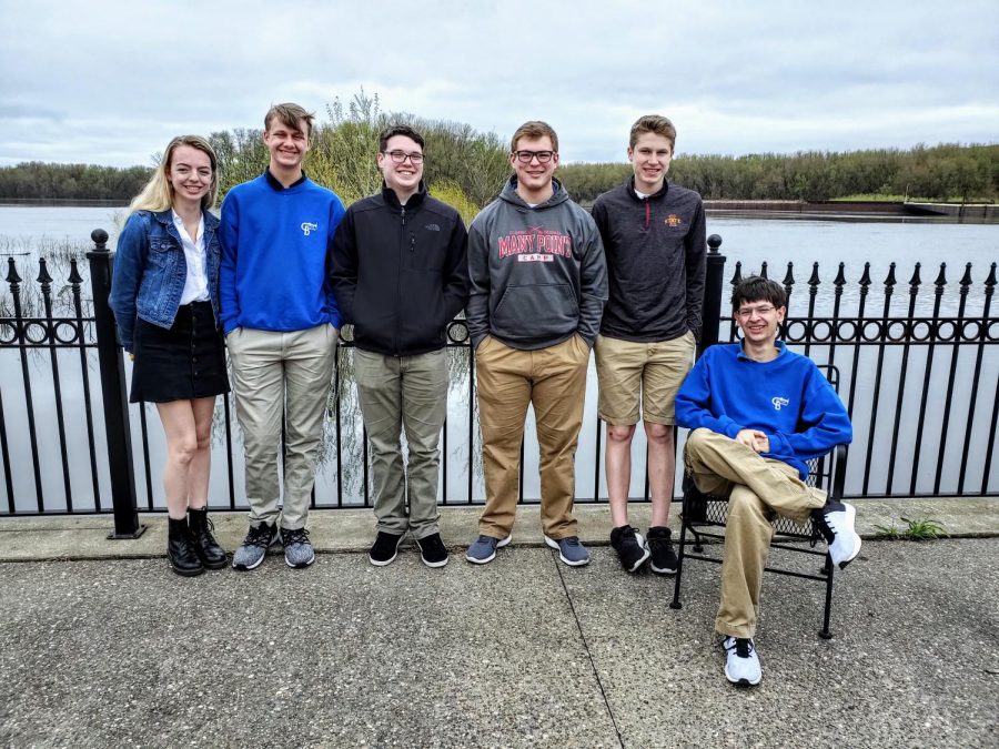 Maddie Mohan, Hunter Ramsden, Jack Walters, Tyler Nachtigal, Joey Renk, and Aidan Carlson on the deck of MMAM overlooking the Mississippi