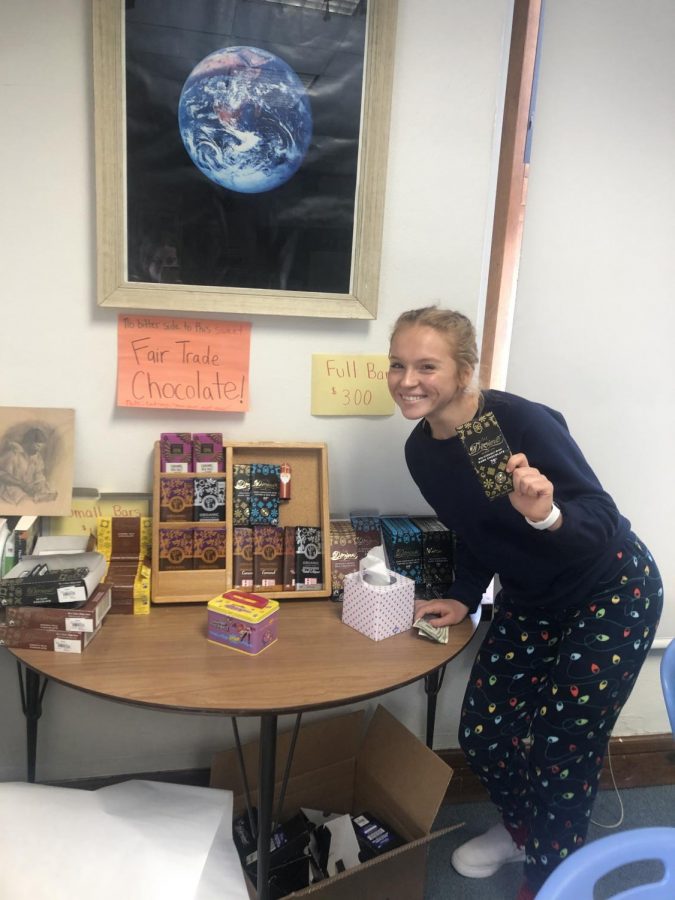 Maren Stewart at the fair trade display in Mrs. H-Ps room