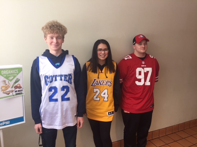 Nathan Stanislawski, Delilah Jaen, and Zander Rusert sporting jerseys for Sports day. 
