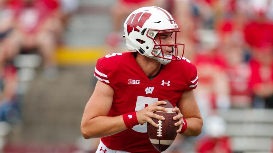 Sep 7, 2019; Madison, WI, USA; Wisconsin Badgers quarterback Graham Mertz (5) during the game against the Central Michigan Chippewas at Camp Randall Stadium. Mandatory Credit: Jeff Hanisch-USA TODAY Sports