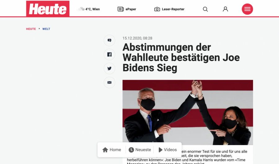 Joe Biden and Kamala Harris featured in an Austrian news headline