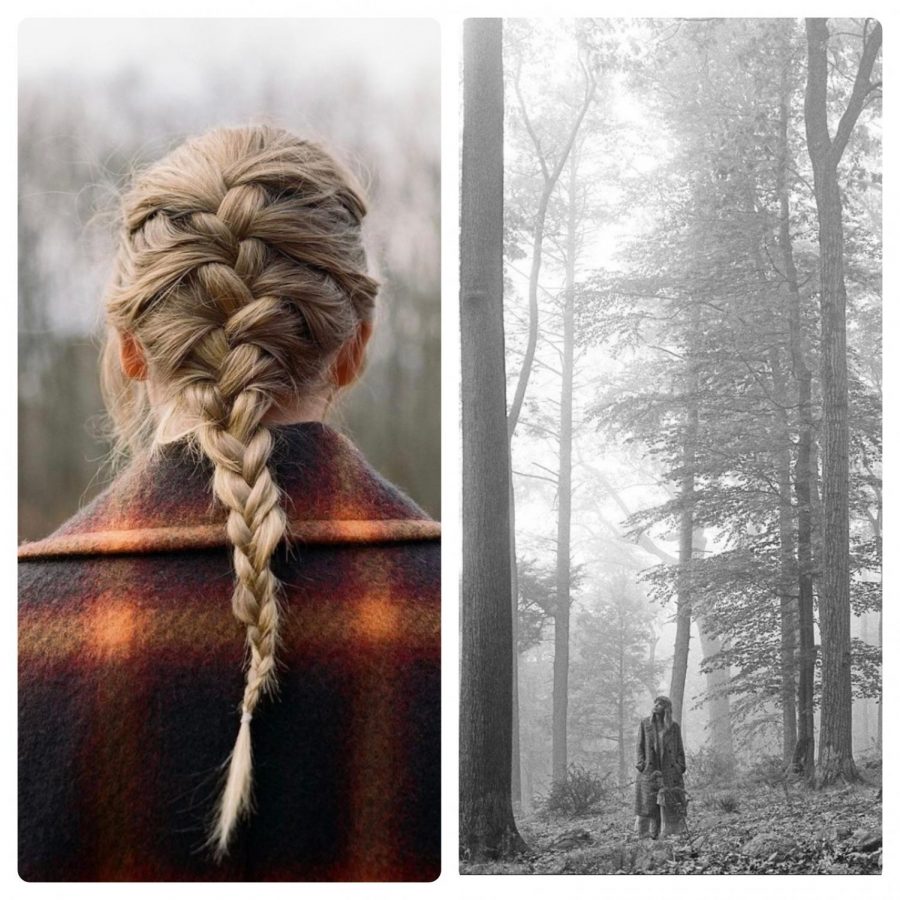 a split screen of the cover images to Evermore and Folklore, Taylor Swift's most recent albums. Source: Spotify.