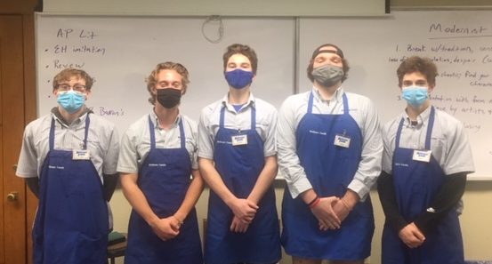 Joe Costello. Ian Modjeski, Anthony Guzzo, Charlie Reilly, and Cale Beckman in their Midtown Foods work wear