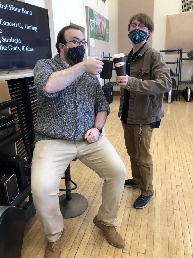 Mr. Meruer and Joe enjoying their morning with cheering their coffee.