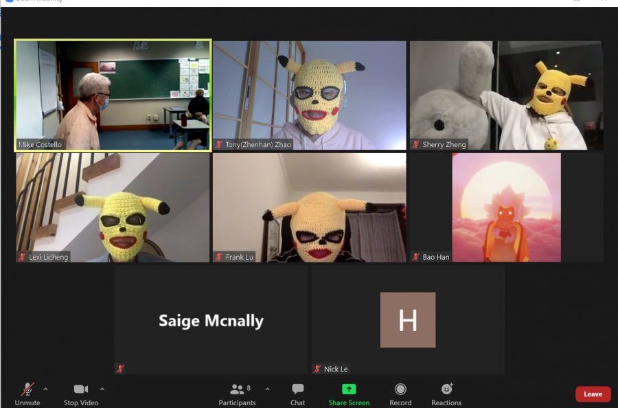 Screenshot of distance learners in Pikachu masks during English12, fourth period on April 20.  