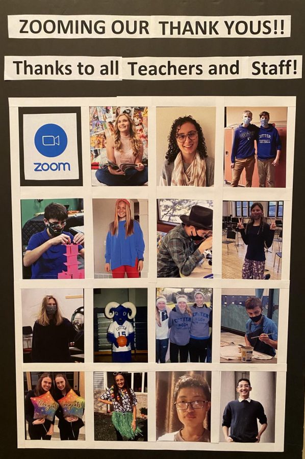 Poster of students honoring Cotter teachers displayed in the first floor hallway during Teacher Appreciation Week  in May