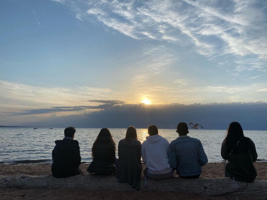 The students from the dorm in Duluth, with sun, beach, peaceful water and a seagull