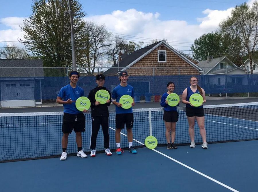 Tennis senior night honorees include Rob Besek, Edward Zhang, Ian Modjeski, Diego, Elain Zehr, Macy Devorak from left