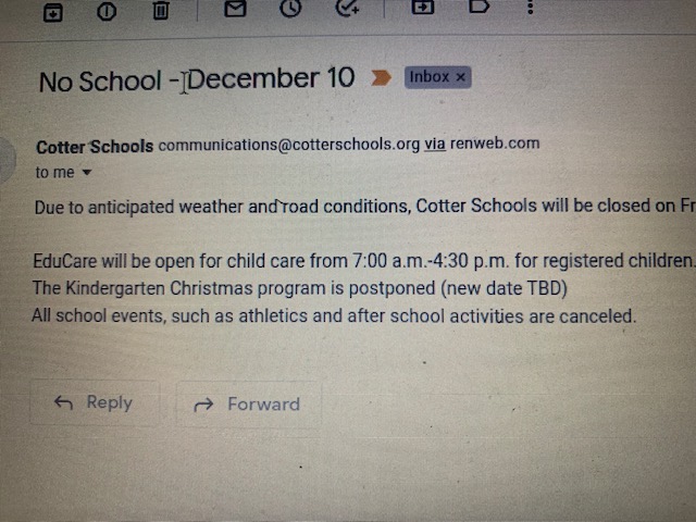The official announcement from Cotter schools regarding the Snow Day on Friday, December 10