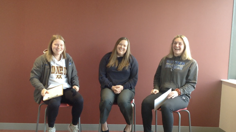 Hailey Biesanz, MacKenzie Brosanhan, and Olivia Blumers share a laugh prior to their interview.