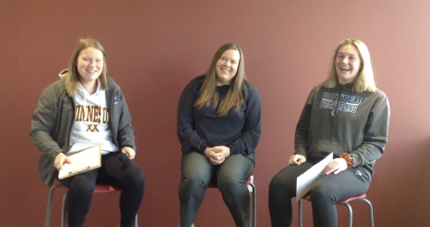 Hailey Biesanz, MacKenzie Brosanhan, and Olivia Blumers share a laugh prior to their interview.