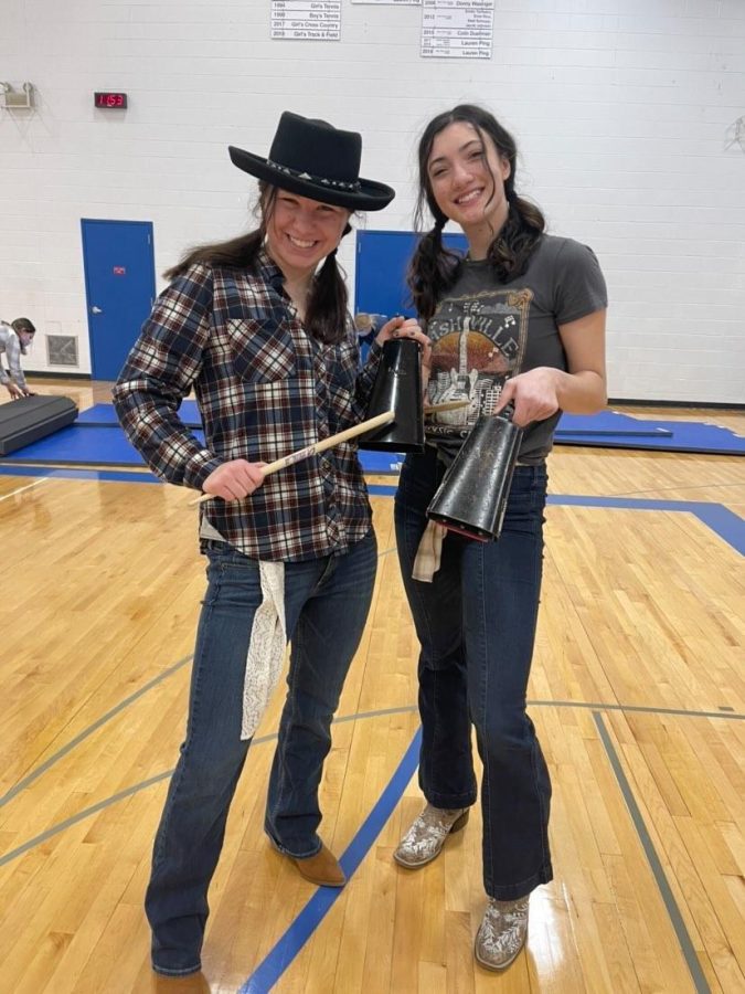 A couple of senior girls, ELlie Glodowski and Grace Menke, get in the cowgirl spirit for CSW at Cotter