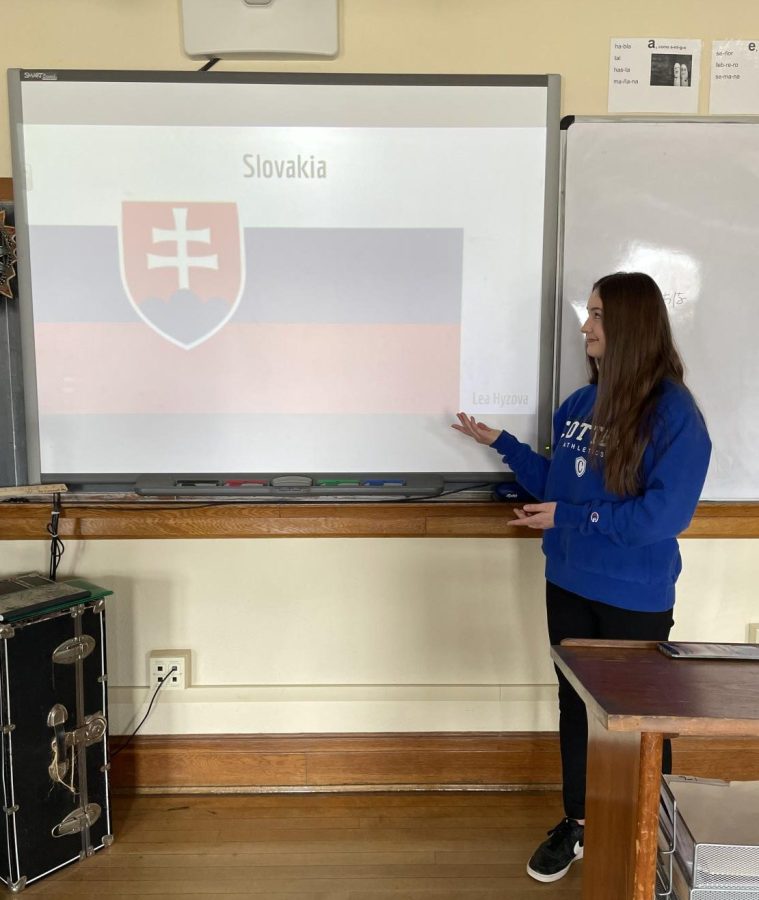 Lea Hyzova teaches Cotter 7th graders about Slovakian language and culture
