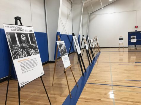 Holocaust exhibit posters set up in Cotters small gym at JNR.