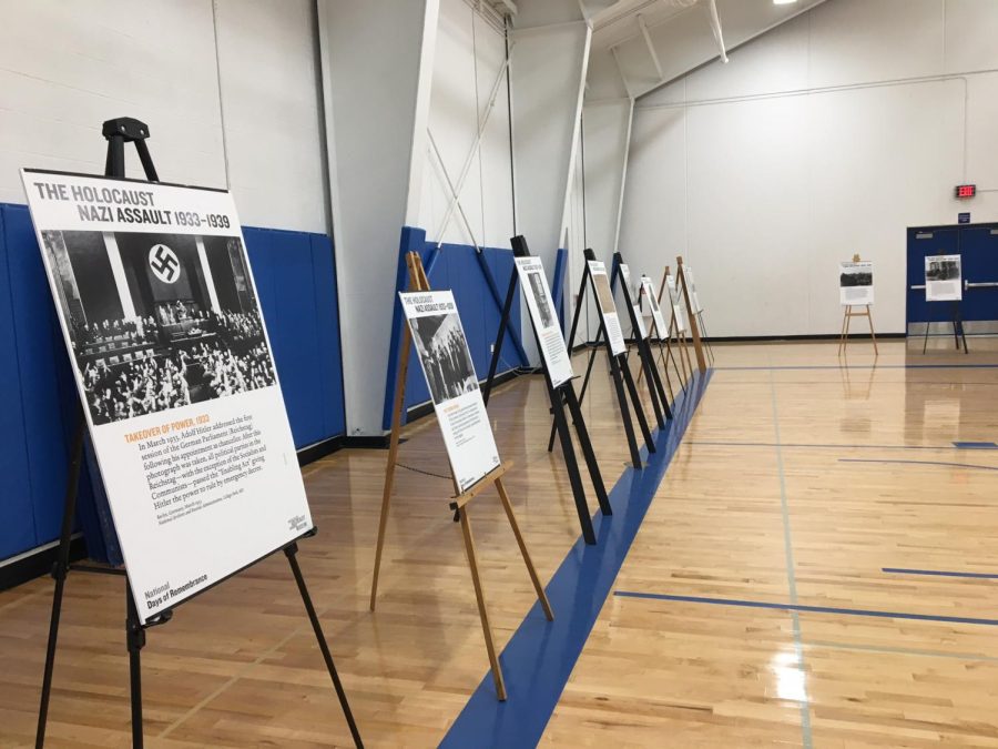 Holocaust exhibit posters set up in Cotter's small gym at JNR.