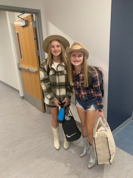 Brooklyn and Brielle Staudacher arriving at school dressed in Western gear for the Homecoming Week dress up day