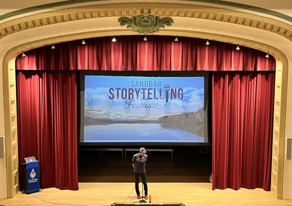 Bil Lepp spinning tales for Cotter students at an assembly on Thursday, October 12, to kick off the Sandbar Festival