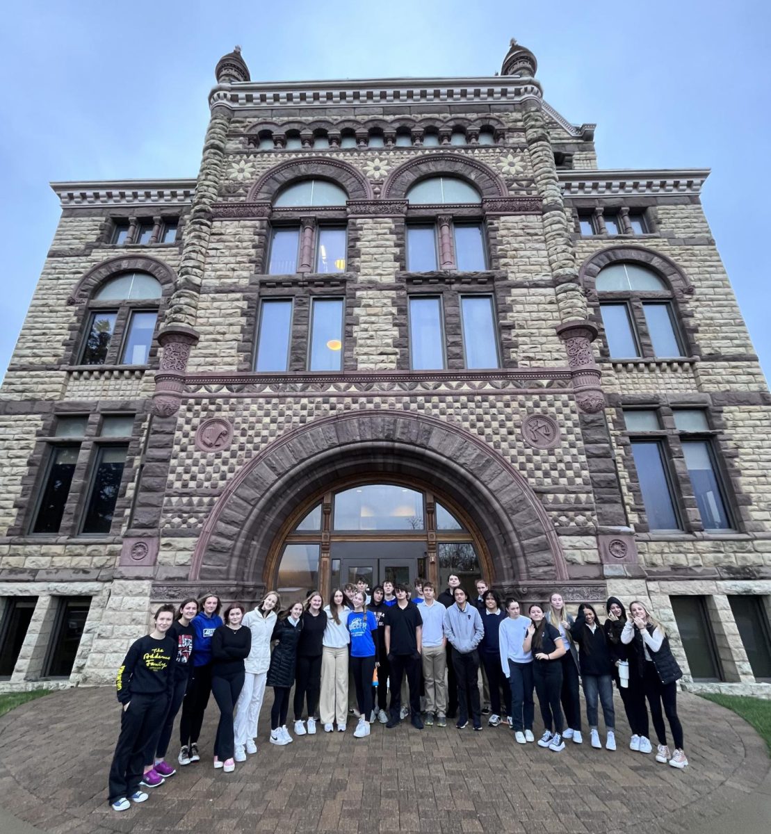 Cotter students gather outside the Winona County Courthouse prior to receiving a tour of the building as part of their Social Studies courses