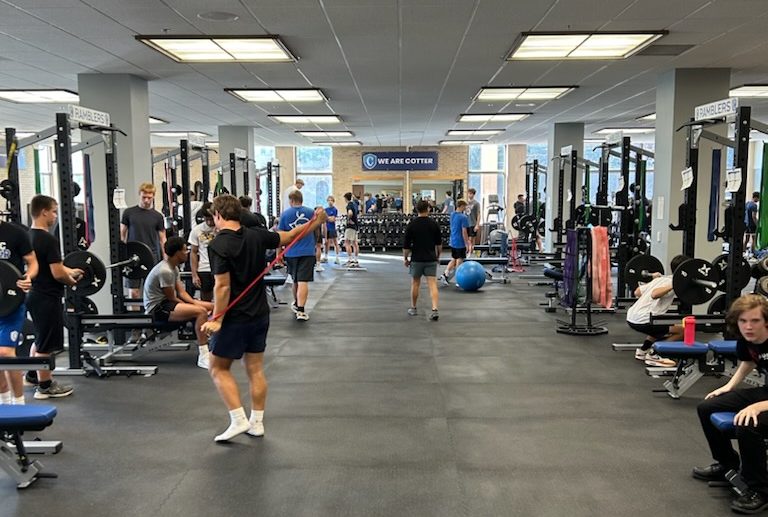 Cotter students getting their workouts in at the newly refurbished weight room. 