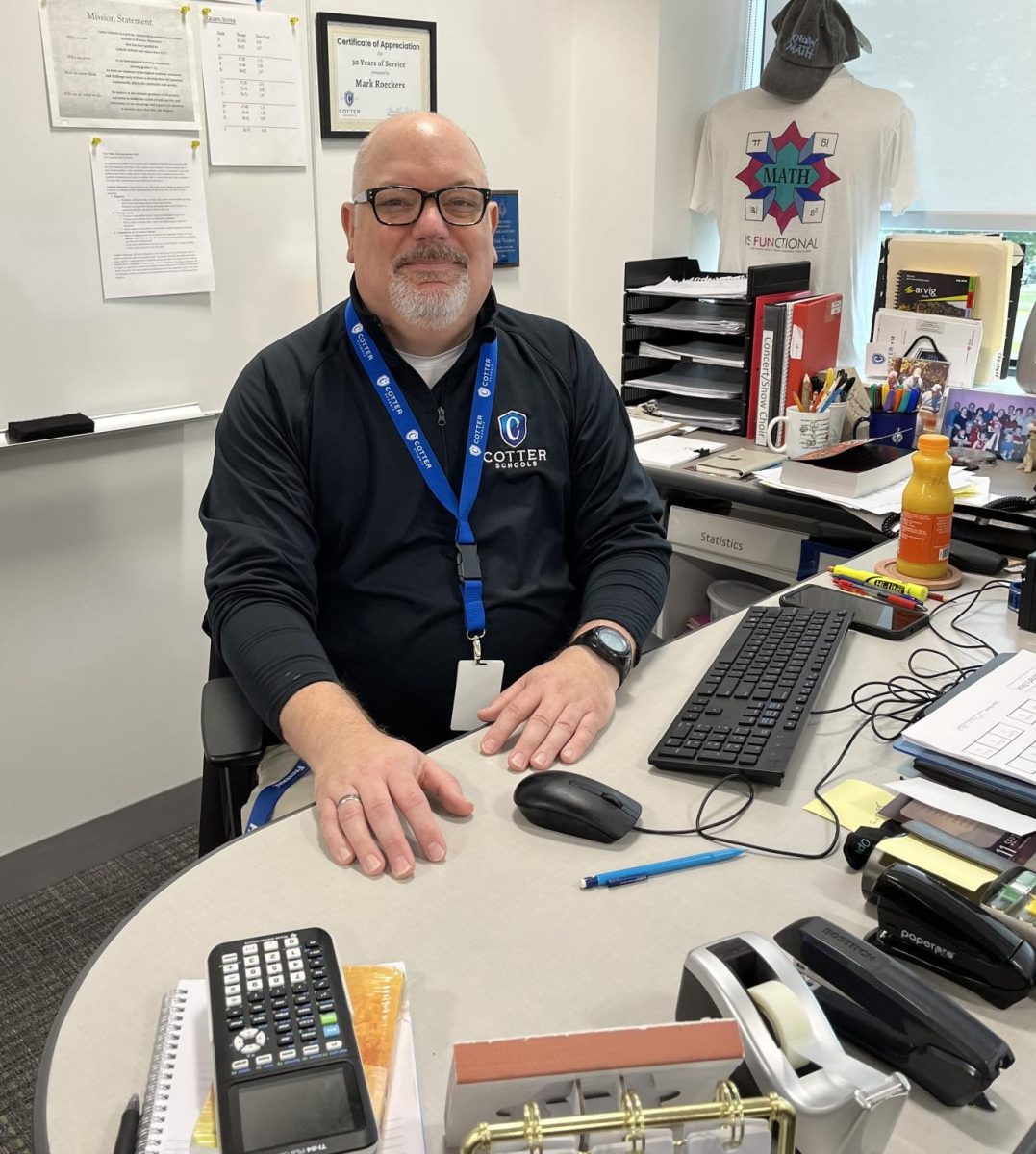 Mr. Roeckers in his classroom. He is in his 33rd year of teaching at Cotter and has been working on the school musicals for most of that time