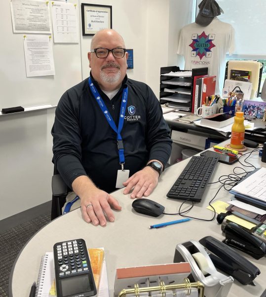 Mr. Roeckers in his classroom. He is in his 33rd year of teaching at Cotter and has been working on the school musicals for most of that time